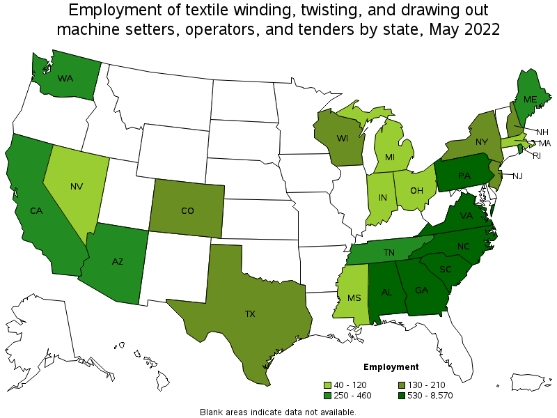 Map of employment of textile winding, twisting, and drawing out machine setters, operators, and tenders by state, May 2022