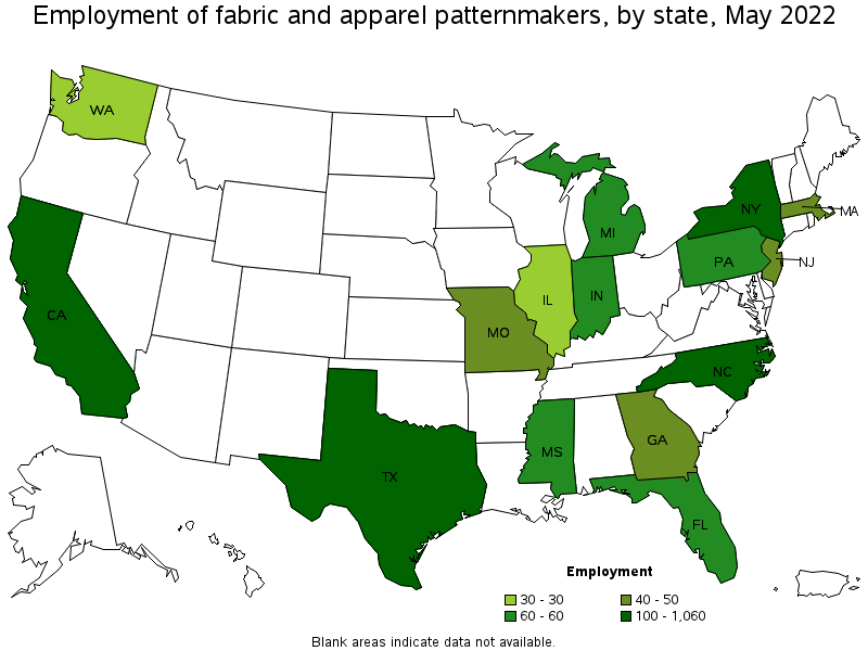 Map of employment of fabric and apparel patternmakers by state, May 2022