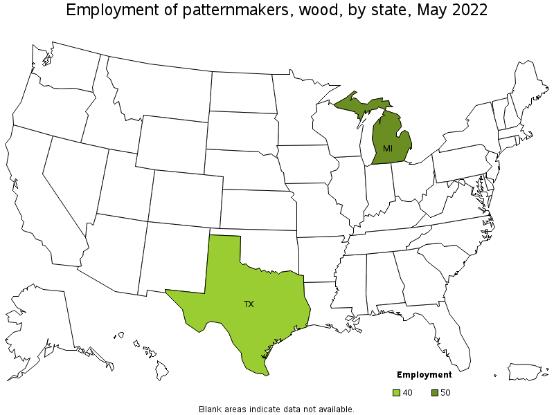 Map of employment of patternmakers, wood by state, May 2022