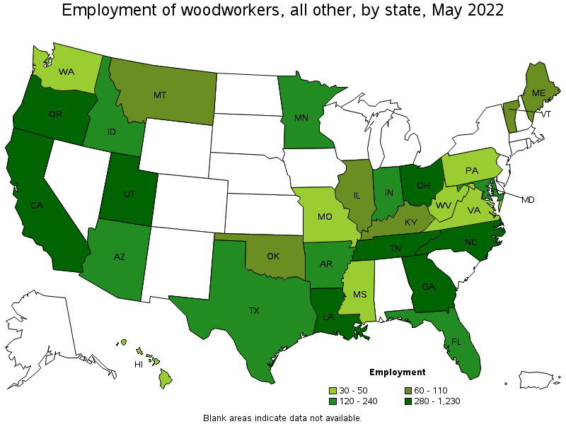 Map of employment of woodworkers, all other by state, May 2022