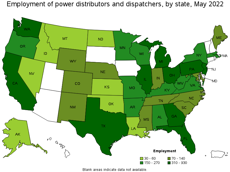 Map of employment of power distributors and dispatchers by state, May 2022