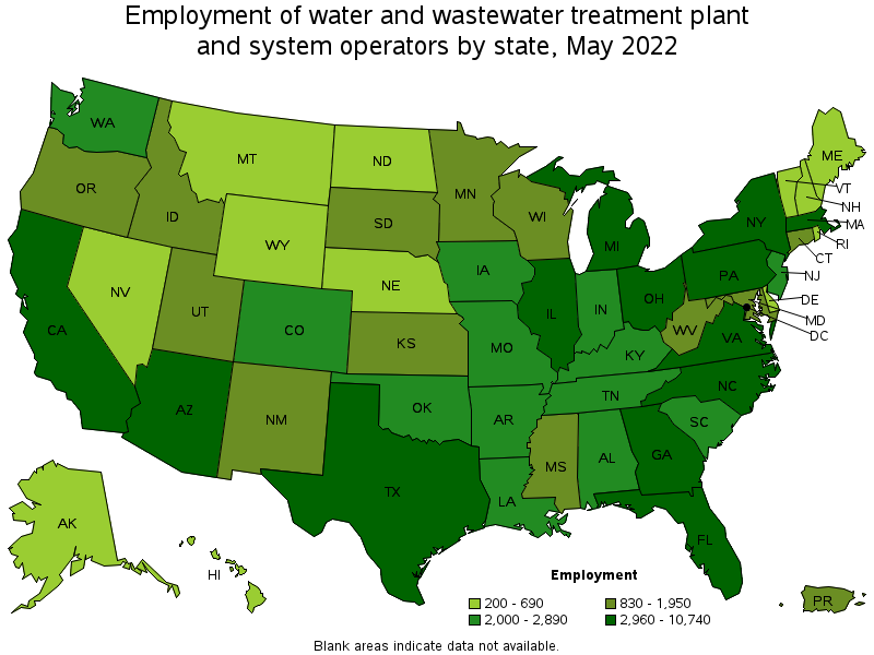 Map of employment of water and wastewater treatment plant and system operators by state, May 2022