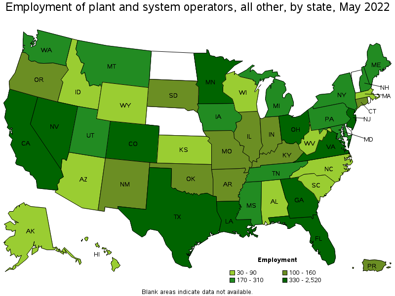 Map of employment of plant and system operators, all other by state, May 2022