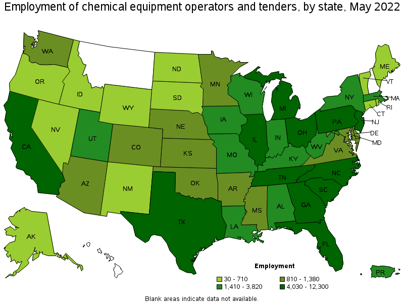 Map of employment of chemical equipment operators and tenders by state, May 2022