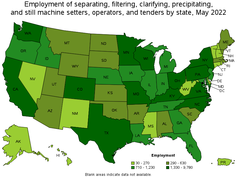 Map of employment of separating, filtering, clarifying, precipitating, and still machine setters, operators, and tenders by state, May 2022