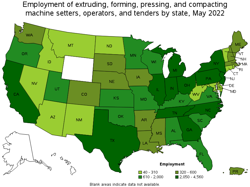 Map of employment of extruding, forming, pressing, and compacting machine setters, operators, and tenders by state, May 2022