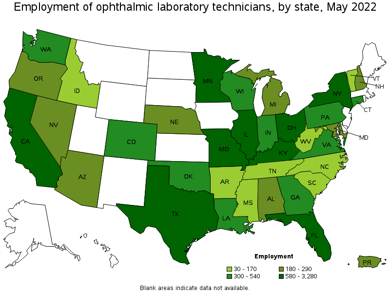 Map of employment of ophthalmic laboratory technicians by state, May 2022