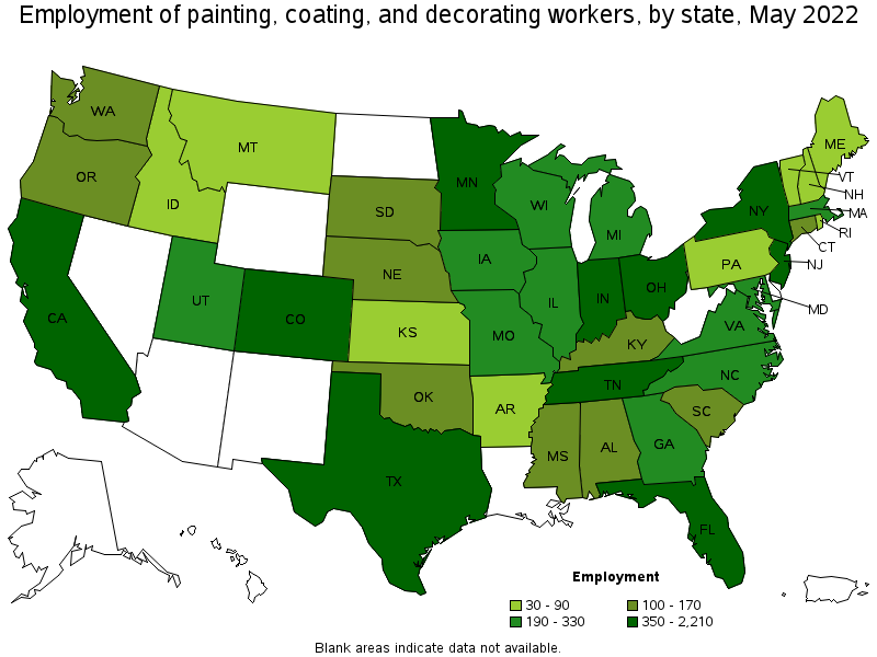 Map of employment of painting, coating, and decorating workers by state, May 2022