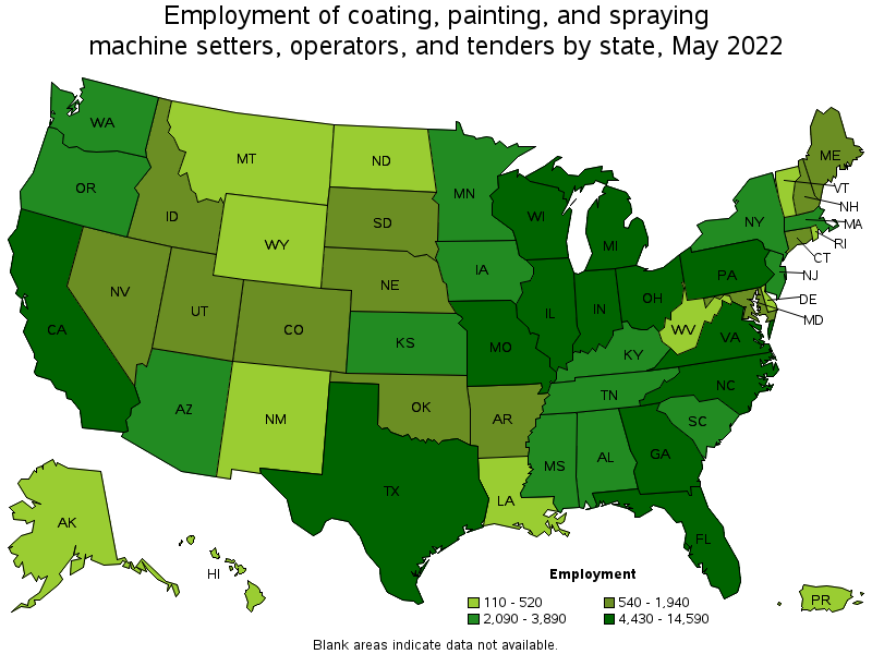 Map of employment of coating, painting, and spraying machine setters, operators, and tenders by state, May 2022