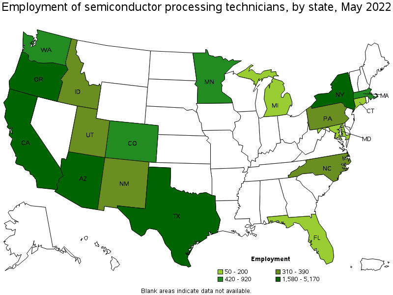 Map of employment of semiconductor processing technicians by state, May 2022