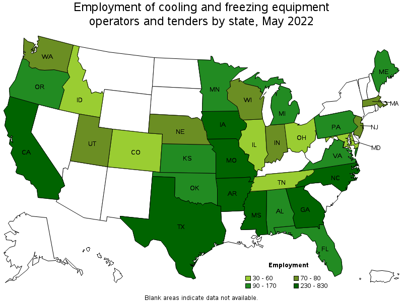 Map of employment of cooling and freezing equipment operators and tenders by state, May 2022