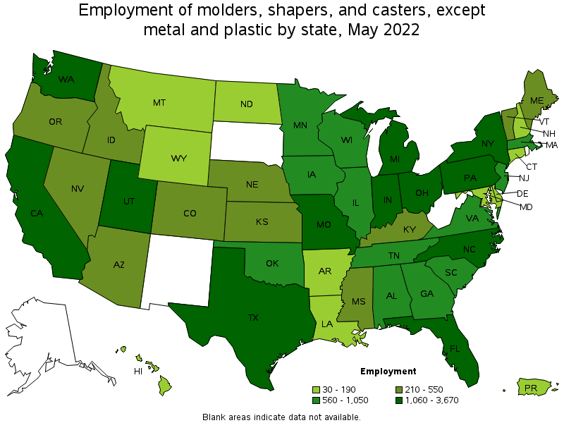 Map of employment of molders, shapers, and casters, except metal and plastic by state, May 2022