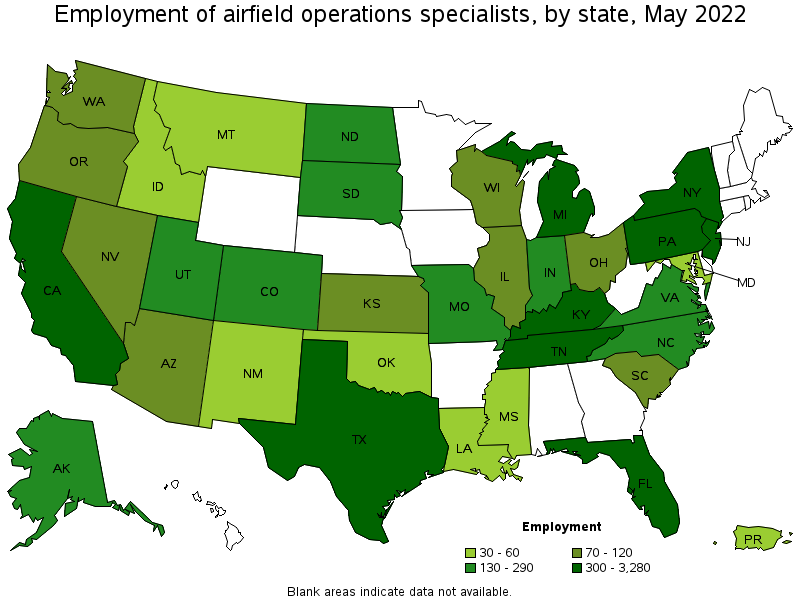 Map of employment of airfield operations specialists by state, May 2022