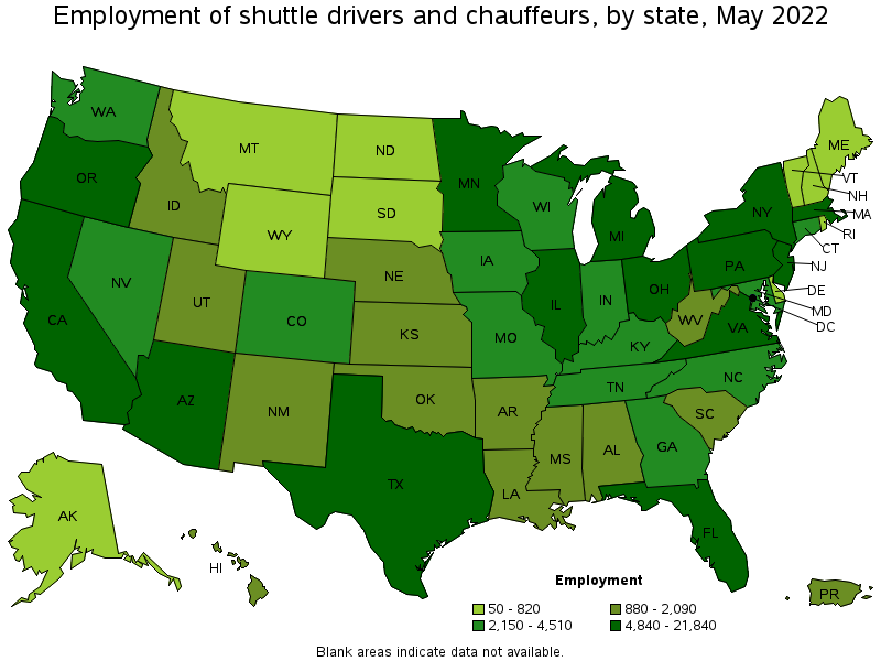 Map of employment of shuttle drivers and chauffeurs by state, May 2022