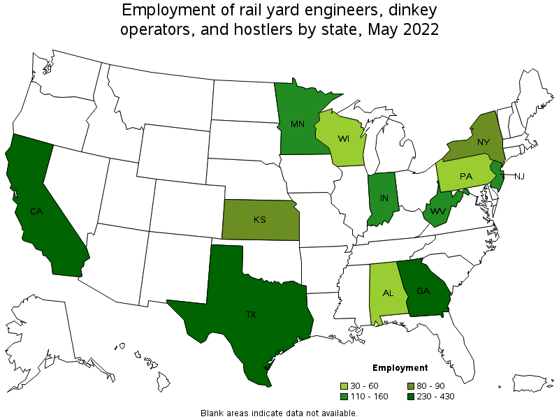 Map of employment of rail yard engineers, dinkey operators, and hostlers by state, May 2022