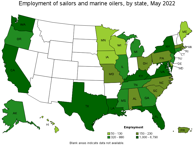 Map of employment of sailors and marine oilers by state, May 2022