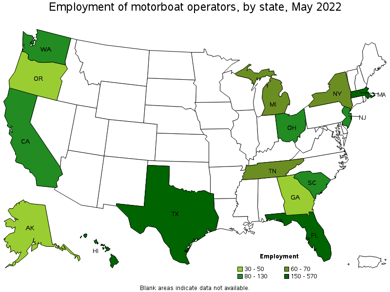Map of employment of motorboat operators by state, May 2022