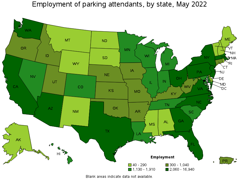 Map of employment of parking attendants by state, May 2022