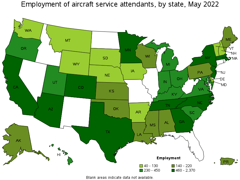 Map of employment of aircraft service attendants by state, May 2022