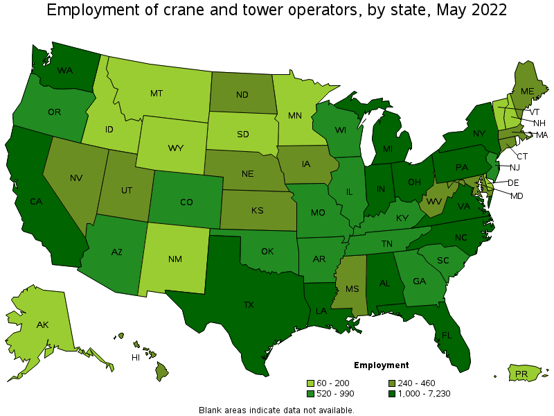 Map of employment of crane and tower operators by state, May 2022