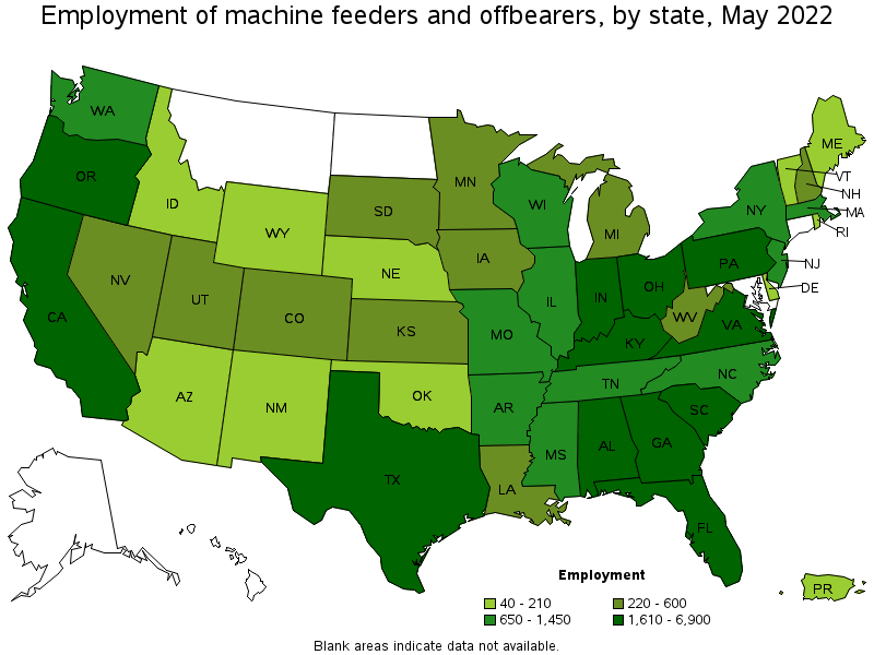 Map of employment of machine feeders and offbearers by state, May 2022