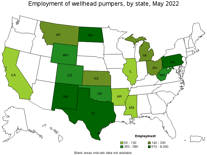 Map of employment of wellhead pumpers by state, May 2022
