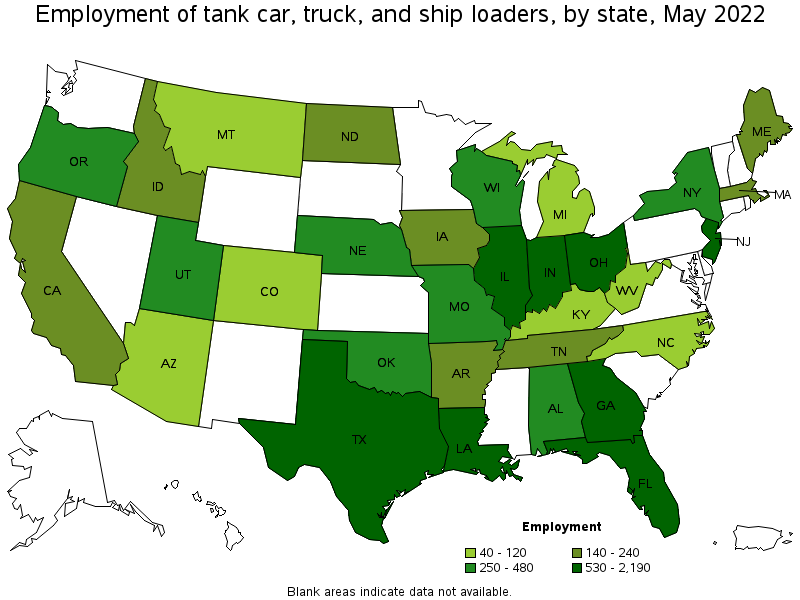 Map of employment of tank car, truck, and ship loaders by state, May 2022