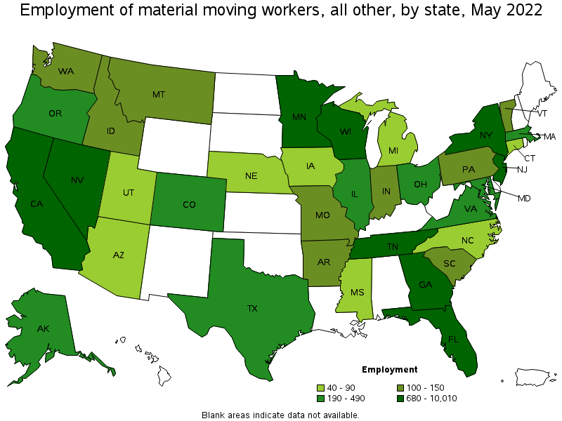 Map of employment of material moving workers, all other by state, May 2022