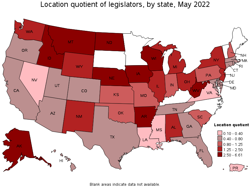 Map of location quotient of legislators by state, May 2022