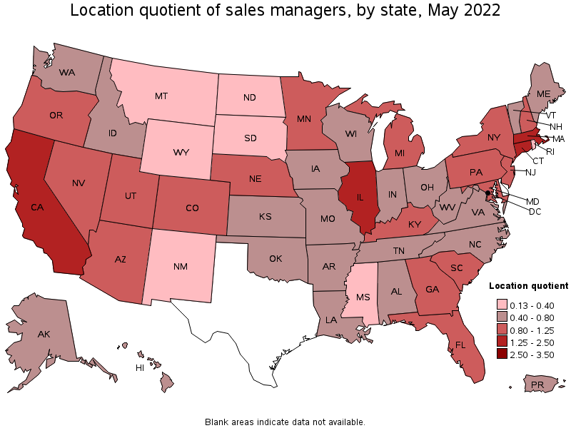 Map of location quotient of sales managers by state, May 2022