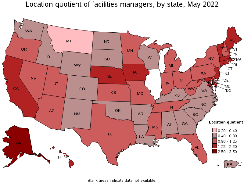 Map of location quotient of facilities managers by state, May 2022