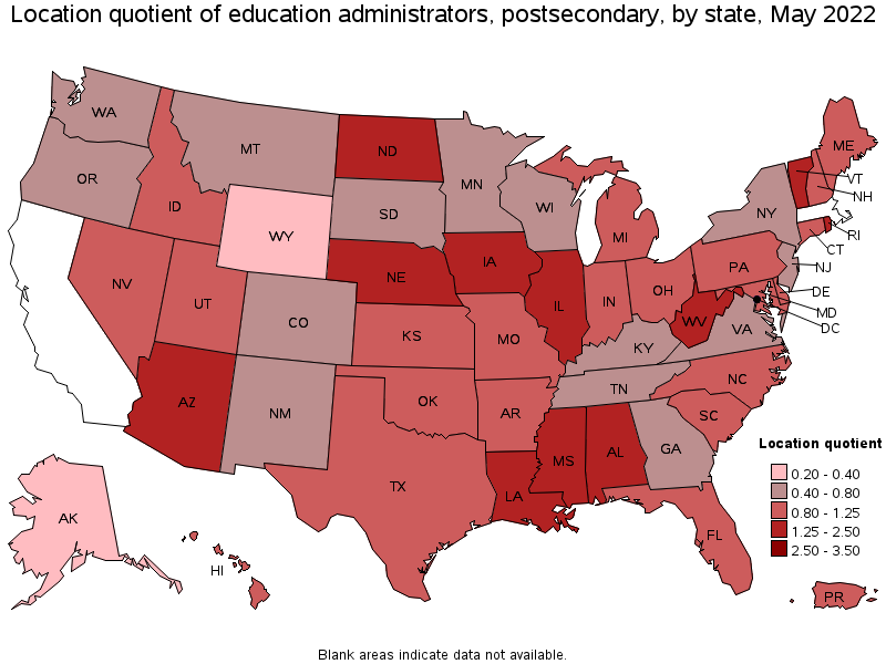 Map of location quotient of education administrators, postsecondary by state, May 2022