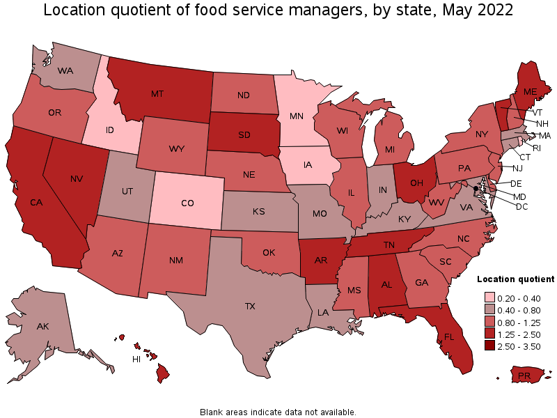 Map of location quotient of food service managers by state, May 2022