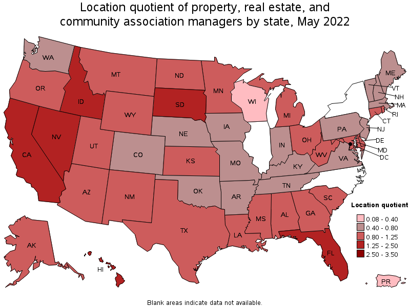 Map of location quotient of property, real estate, and community association managers by state, May 2022