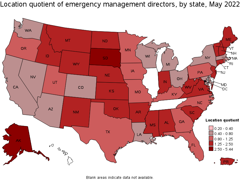 Map of location quotient of emergency management directors by state, May 2022