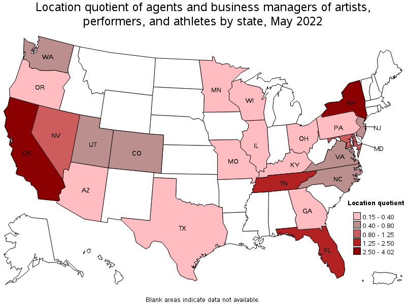 Map of location quotient of agents and business managers of artists, performers, and athletes by state, May 2022