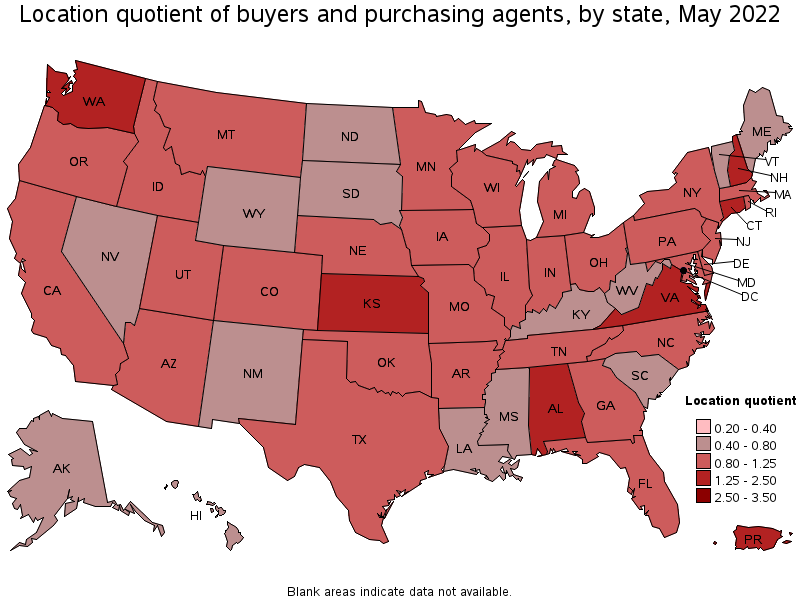 Map of location quotient of buyers and purchasing agents by state, May 2022