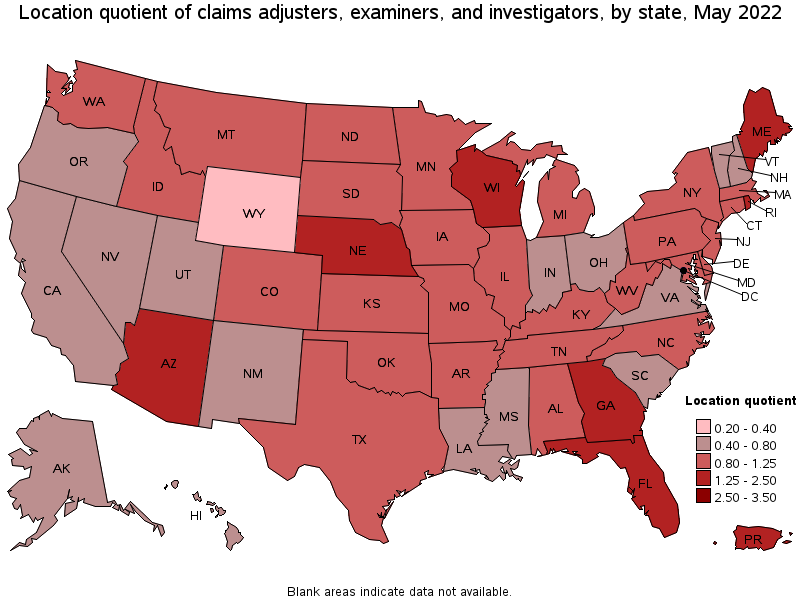 Map of location quotient of claims adjusters, examiners, and investigators by state, May 2022