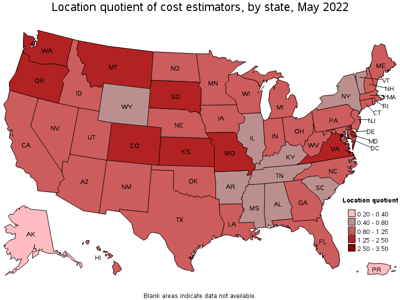 Map of location quotient of cost estimators by state, May 2022