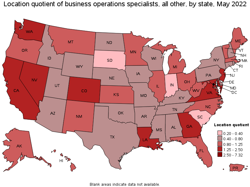 Map of location quotient of business operations specialists, all other by state, May 2022