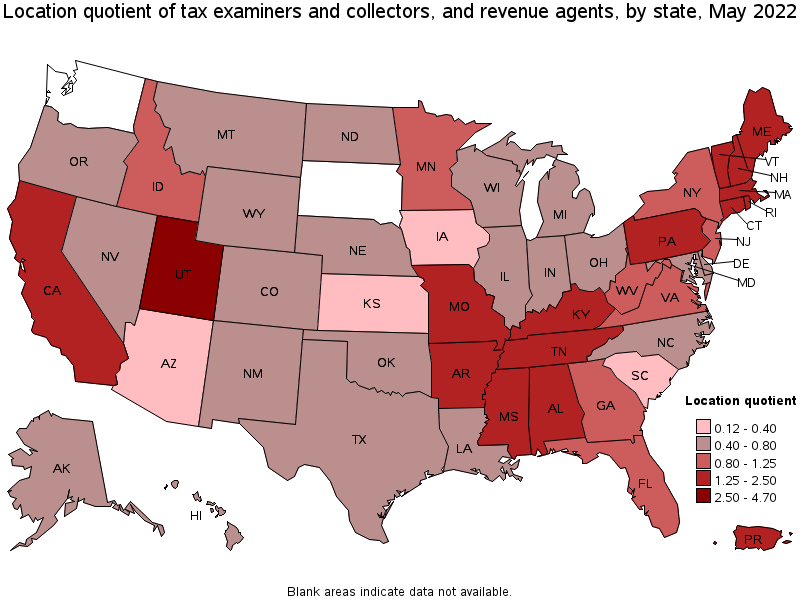 Map of location quotient of tax examiners and collectors, and revenue agents by state, May 2022