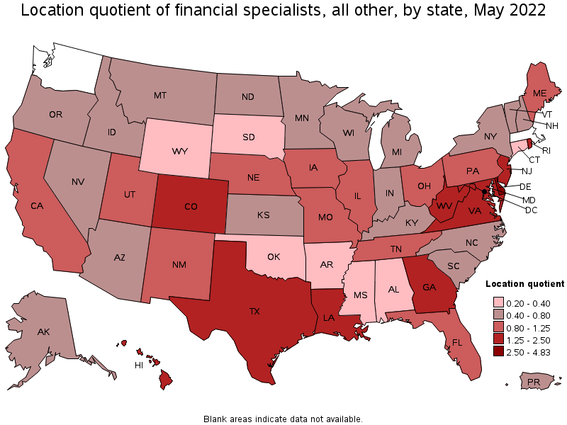 Map of location quotient of financial specialists, all other by state, May 2022
