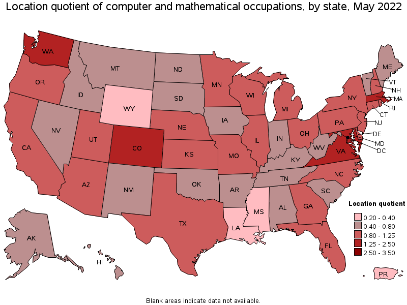 Map of location quotient of computer and mathematical occupations by state, May 2022