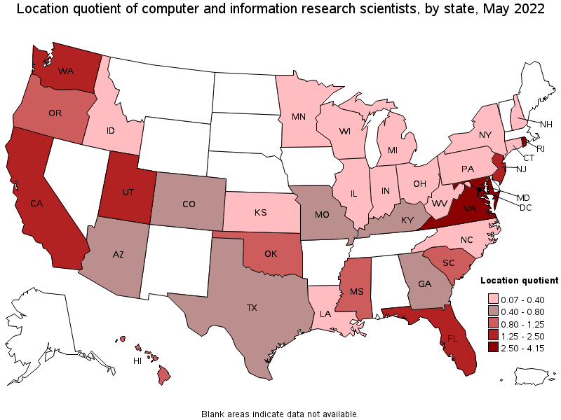 Map of location quotient of computer and information research scientists by state, May 2022