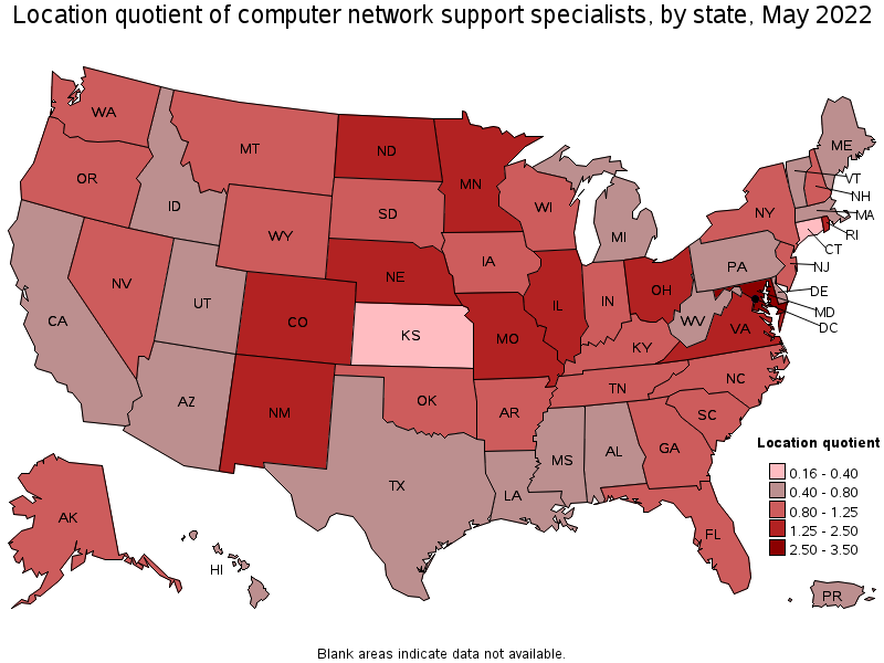 Map of location quotient of computer network support specialists by state, May 2022