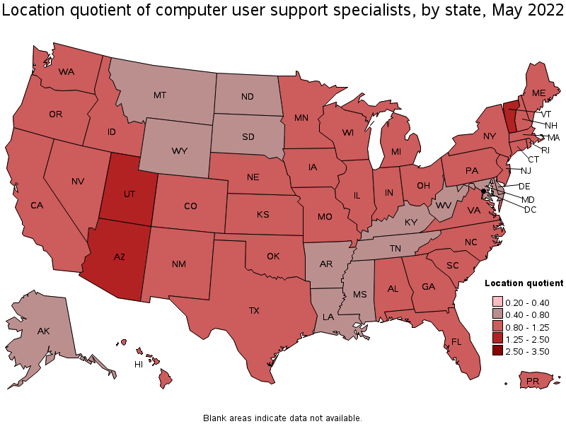 Map of location quotient of computer user support specialists by state, May 2022