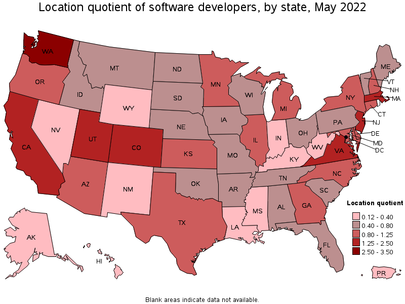 Map of location quotient of software developers by state, May 2022