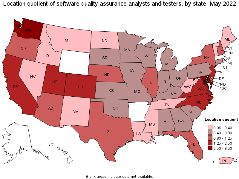 Map of location quotient of software quality assurance analysts and testers by state, May 2022