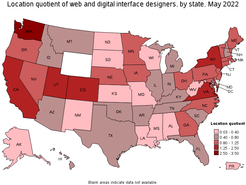 Map of location quotient of web and digital interface designers by state, May 2022