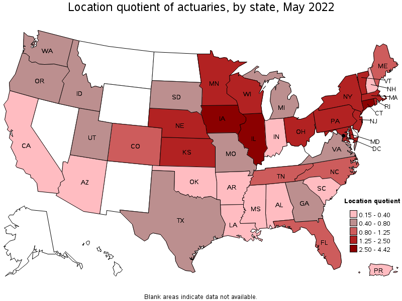 Map of location quotient of actuaries by state, May 2022